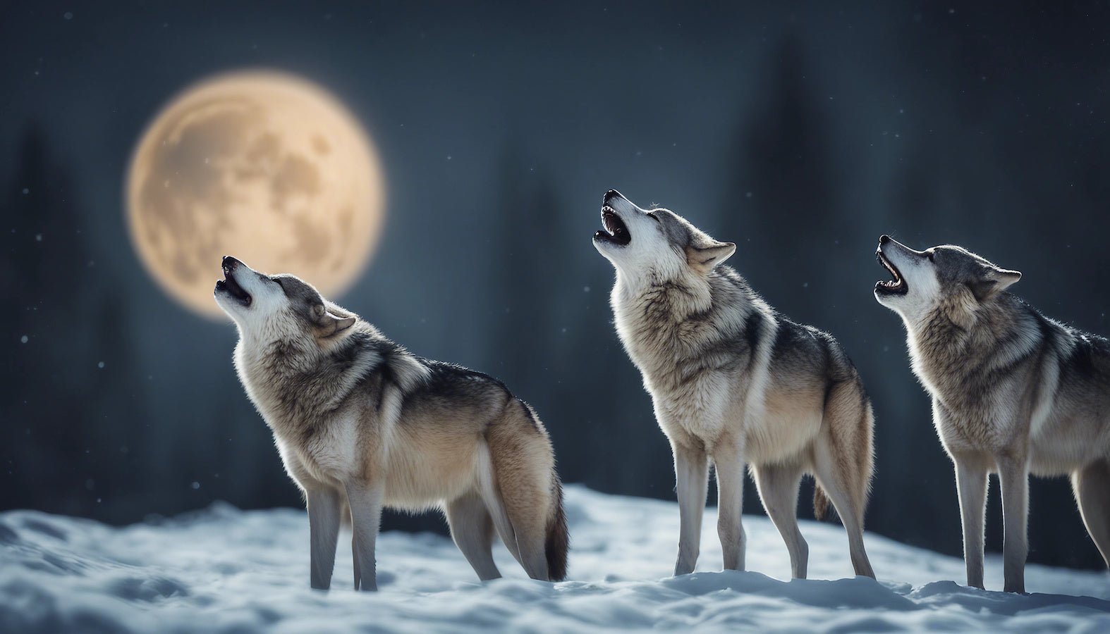 3 wolves howling at a full moon.