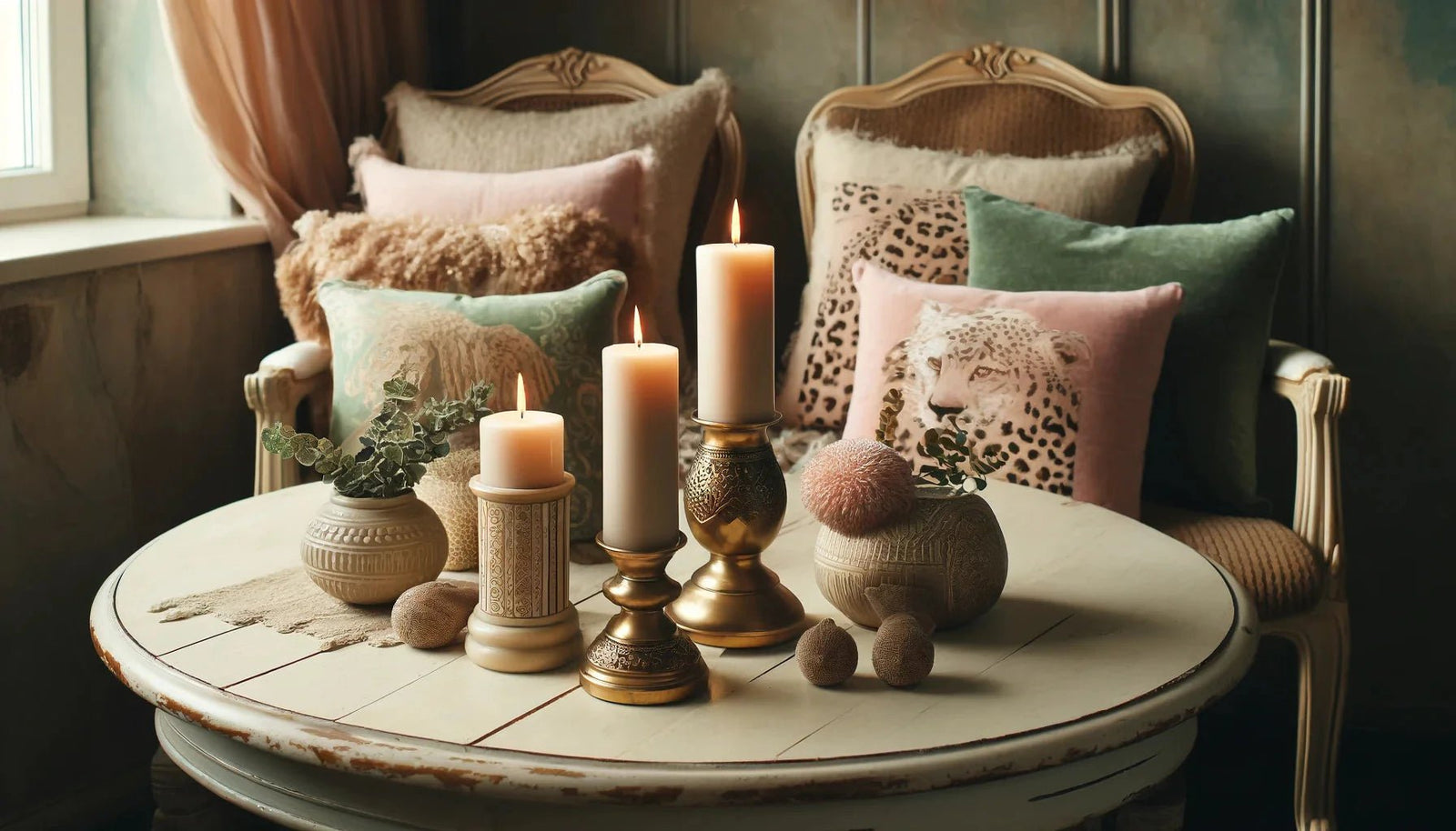 An AI image of a living room table with a variety of pillar candles.