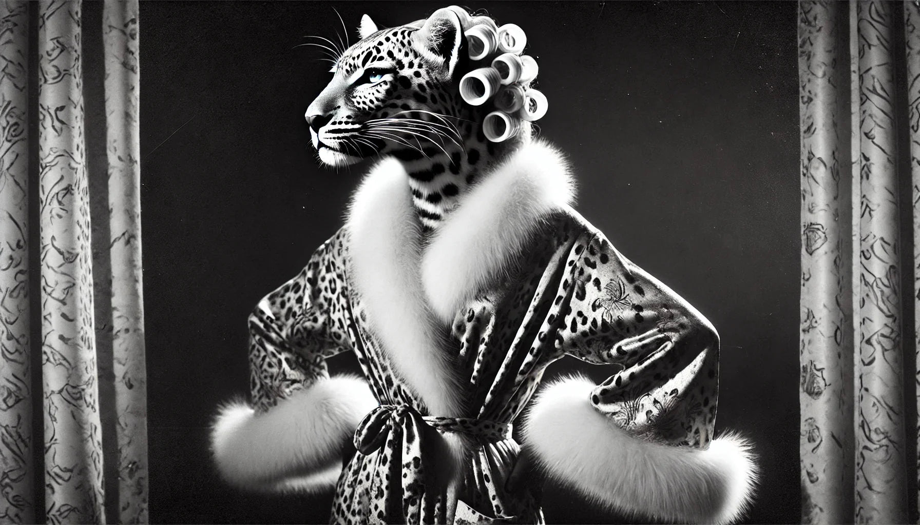 A black and white old Hollywood AI image of a female leopard in a bathrobe and curlers. 