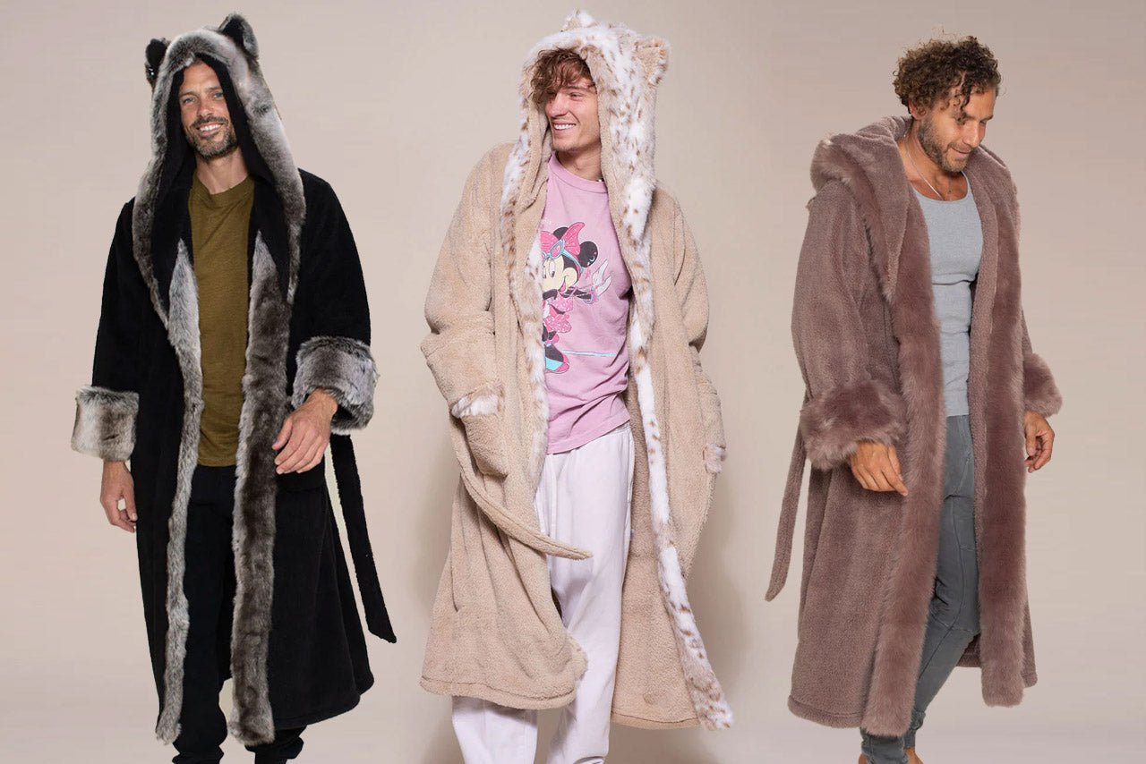 An image of three men wearing SpiritHood faux fur men's luxury robes.