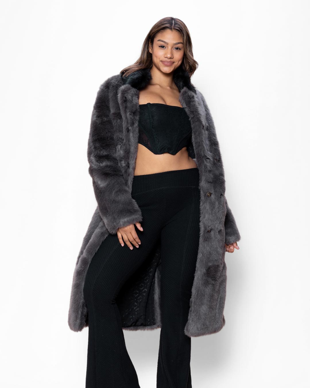 Grey Fox Calf Length Faux Fur Coat | Women's