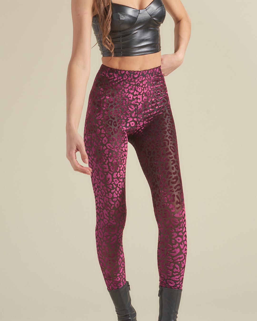 Woman Wearing Ruby Leopard Burnout Velvet High Rise Leggings