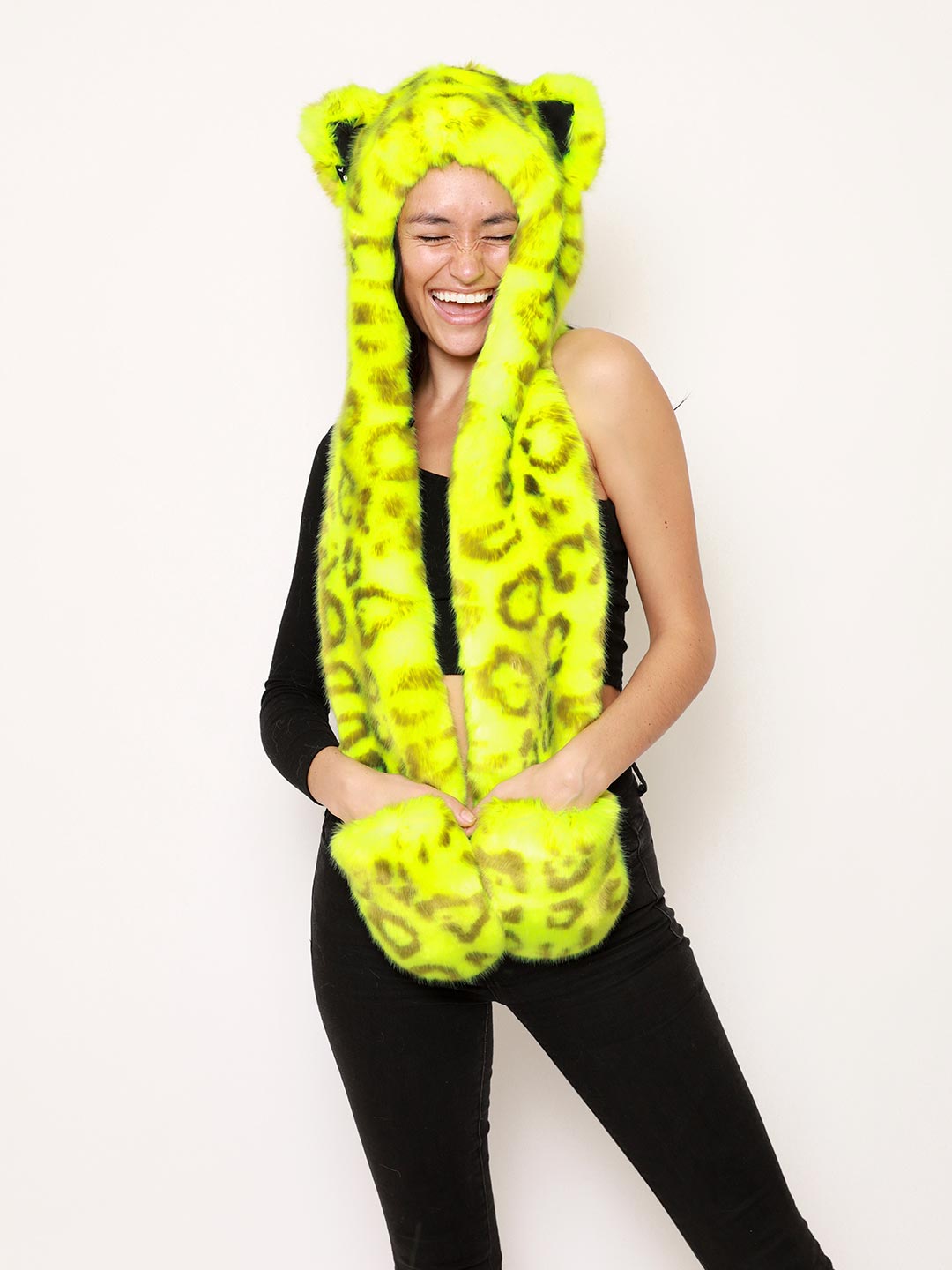 Neon Yellow Leopard Luxe Faux Fur Hood