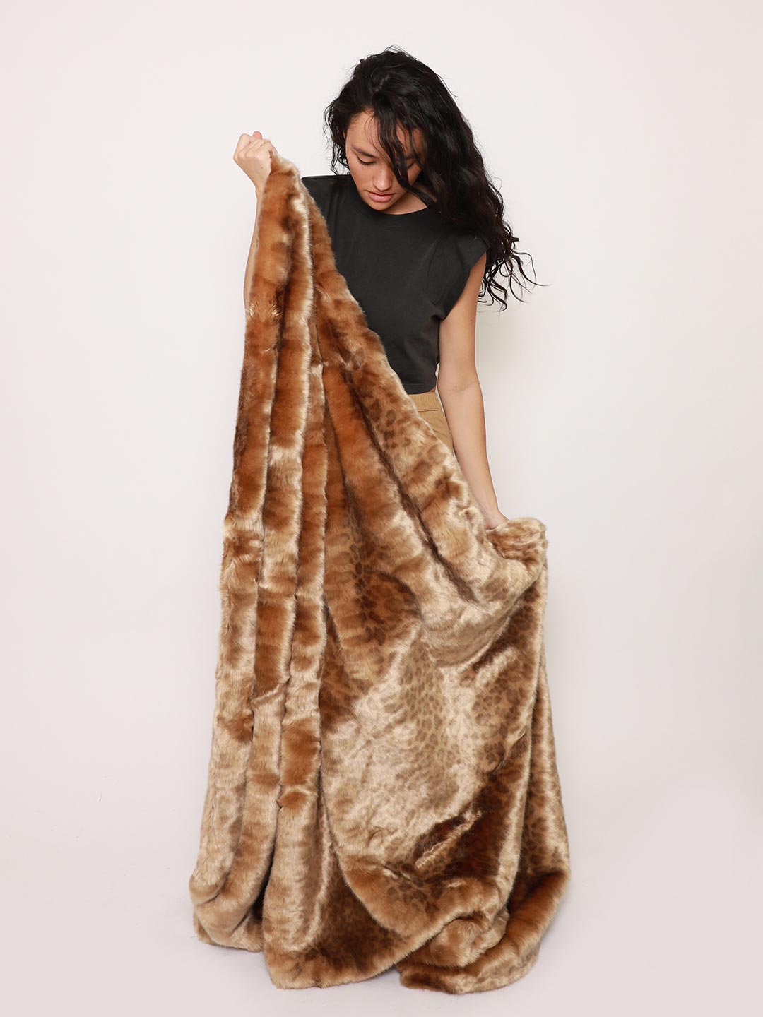 Woman Holding African Golden Cat Luxe Faux Fur Throw