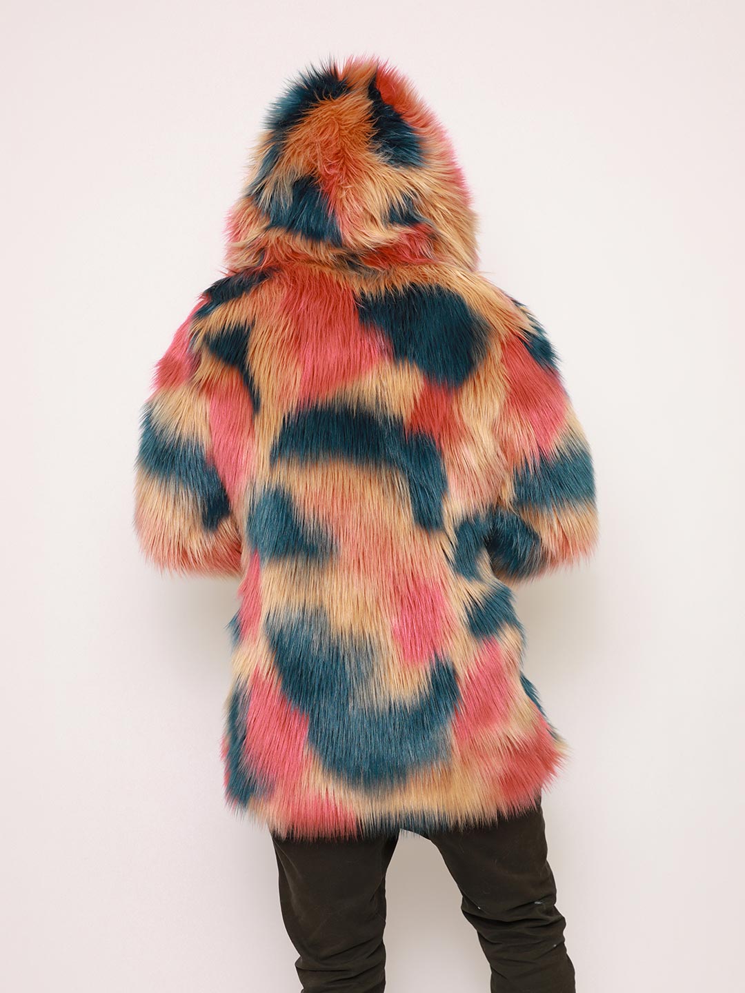 Man wearing American Swallow Hooded Faux Fur Coat, back view