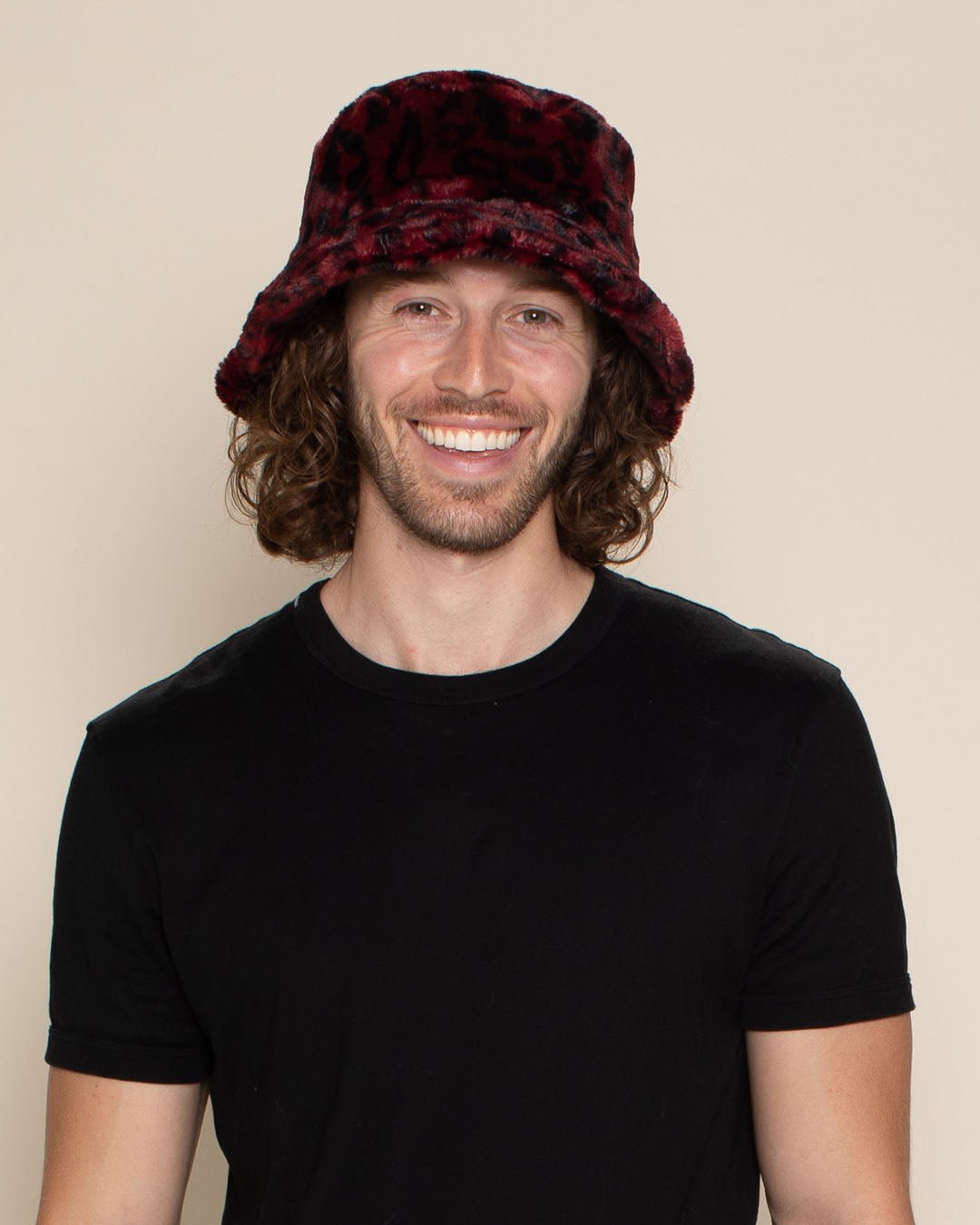 Men's Fur Bucket Hat | Red Burgundy Leopard