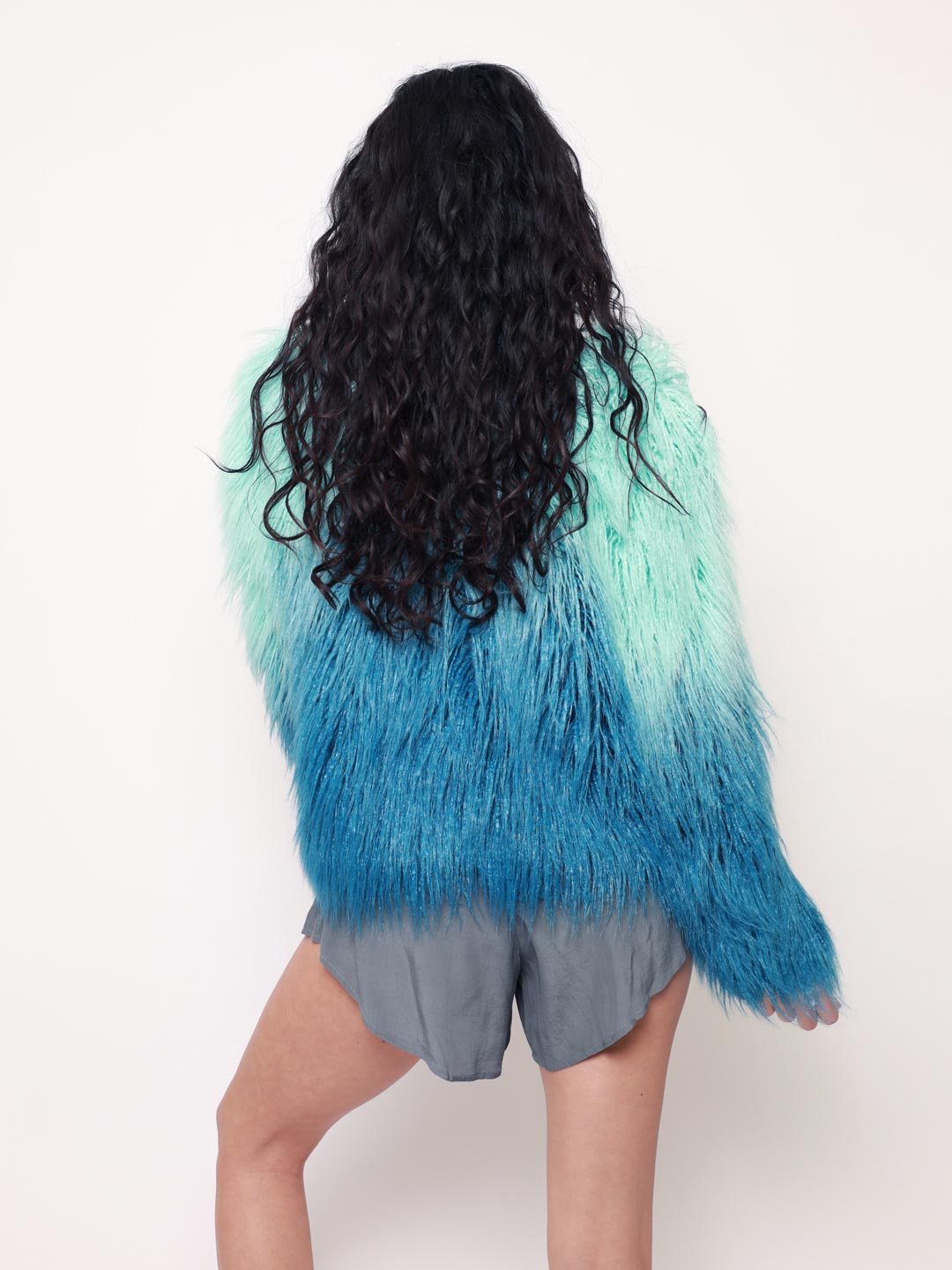 Back View of Sea Alpaca Faux Fur Bomber Jacket for Women