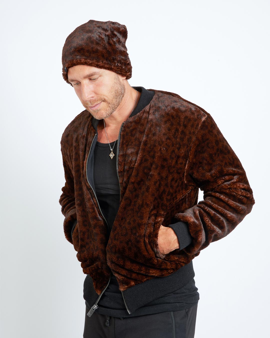 Mahogany Jaguar ULTRA SOFT Faux Fur Bomber Jacket | Men&#39;s