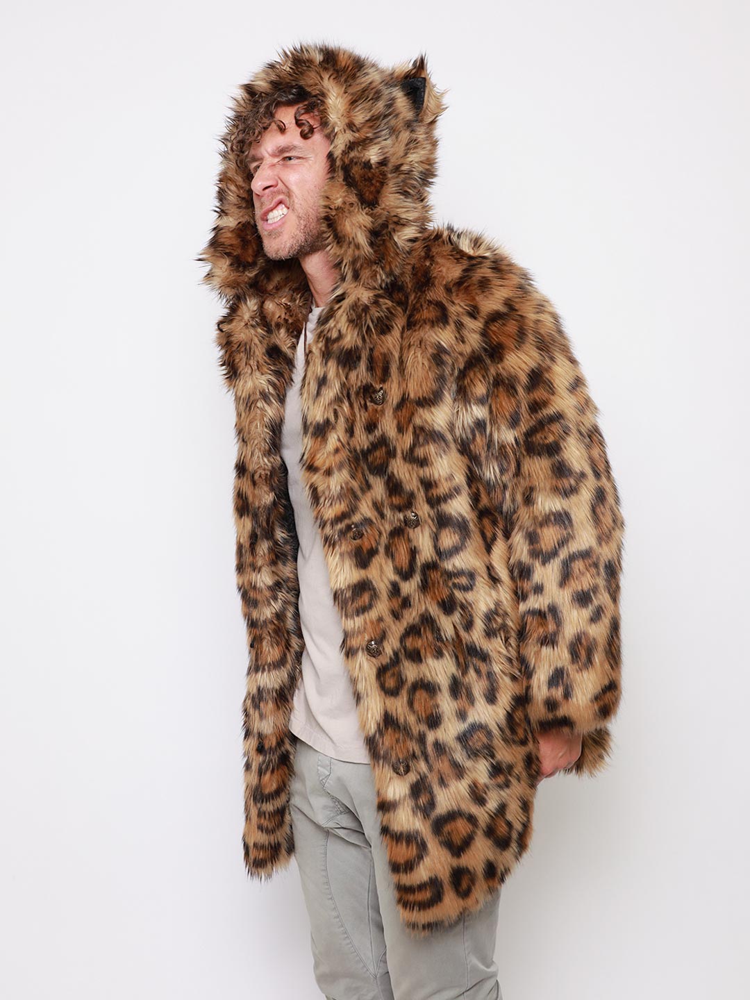 Man wearing Javan Leopard Classic Faux Fur *Almost Purfect* Coat, side view 1