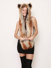 Smiling Woman in Black Dress Wearing Red Fox Faux Fur Hood with Ears