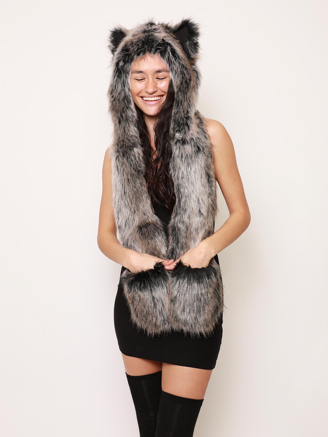 Woman in Black Dress Wearing Grey Wolf Faux Fur Hood