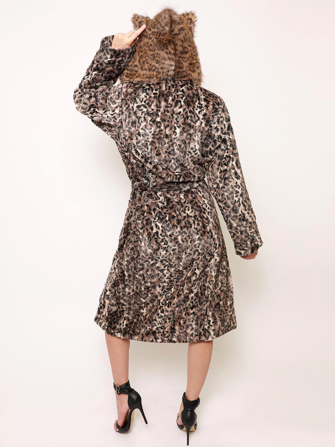 Woman wearing Savannah Cat Classic Faux Fur Style Robe, back view