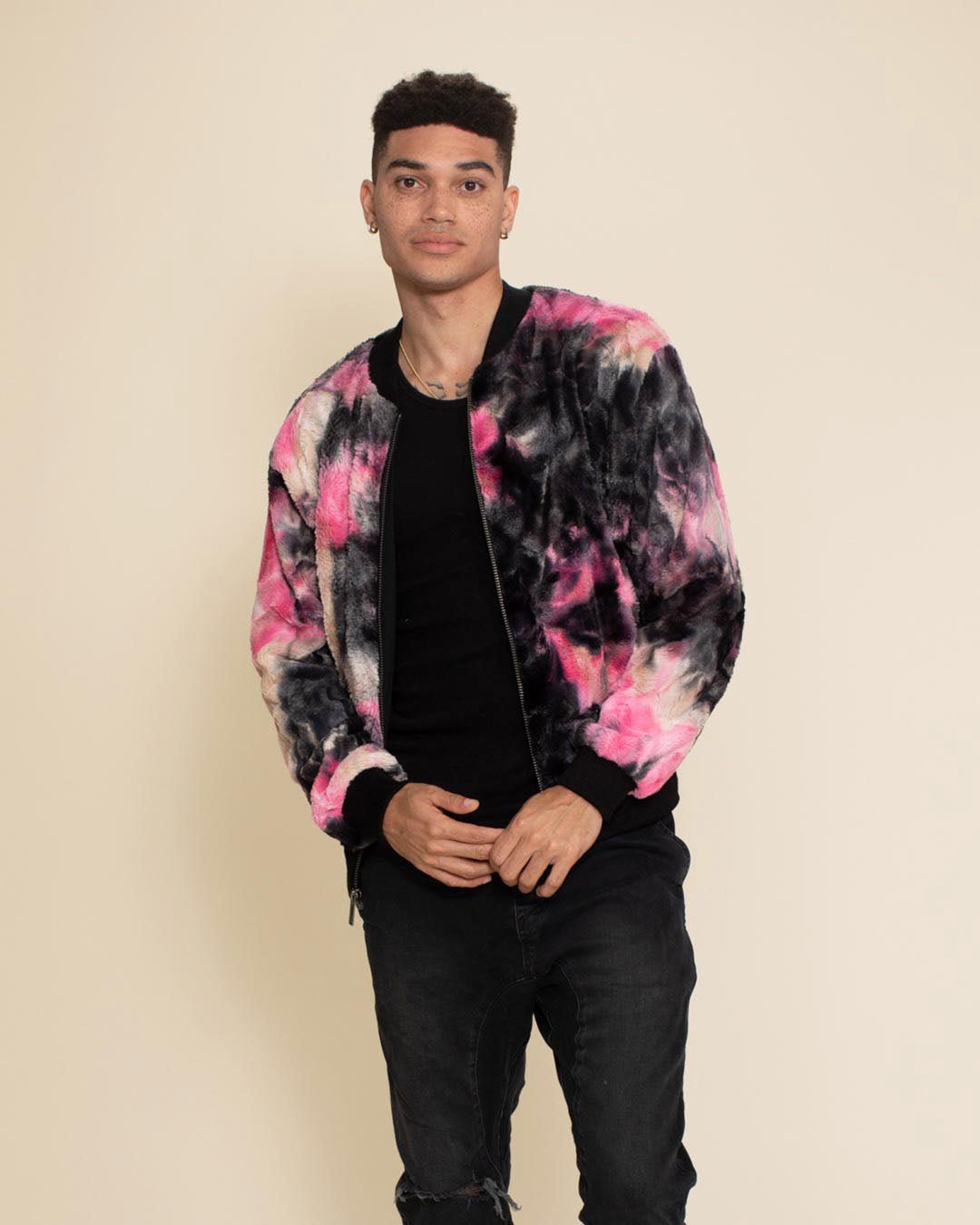 Men&#39;s Colorful Faux Fur Jacket | Ink Spotted Tie Dye Leopard