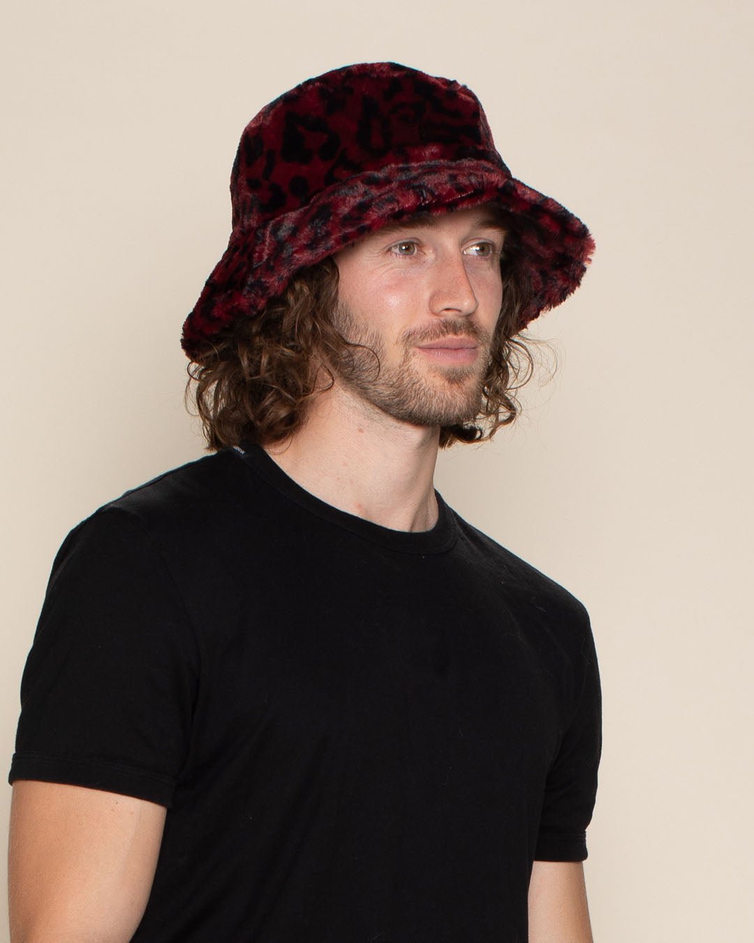 Men's Fur Bucket Hat | Red Burgundy Leopard