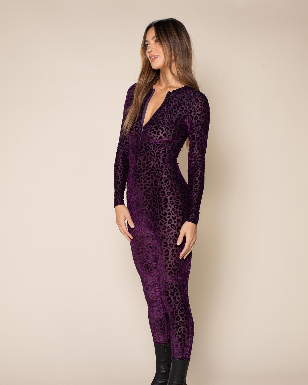 Women's Purple Full Bodysuit | Violet Leopard