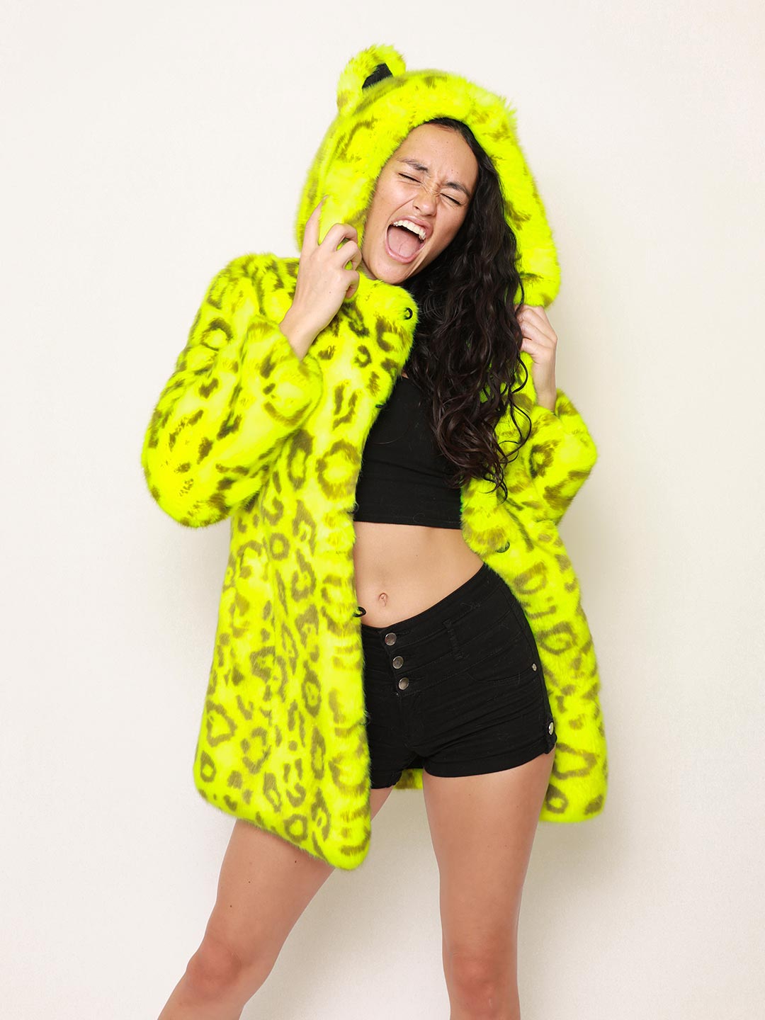 Woman wearing Neon Yellow Leopard Luxe Classic Faux Fur Coat