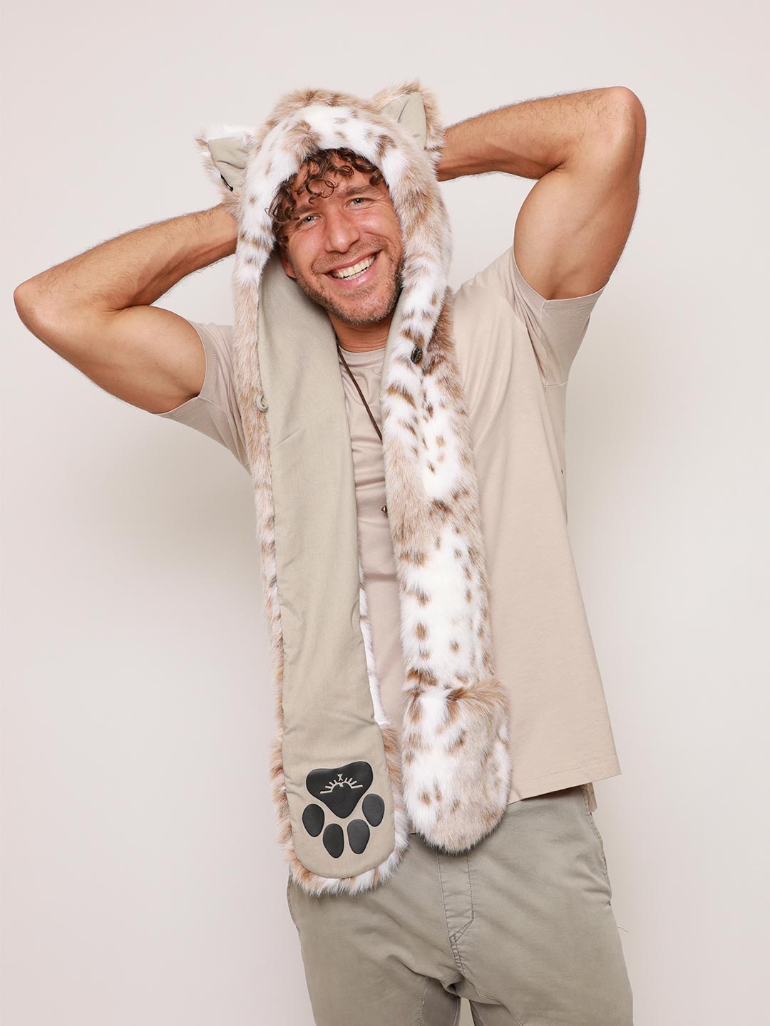 Ivory and Tan Siberian Snow Leopard Faux Fur Hood on Male