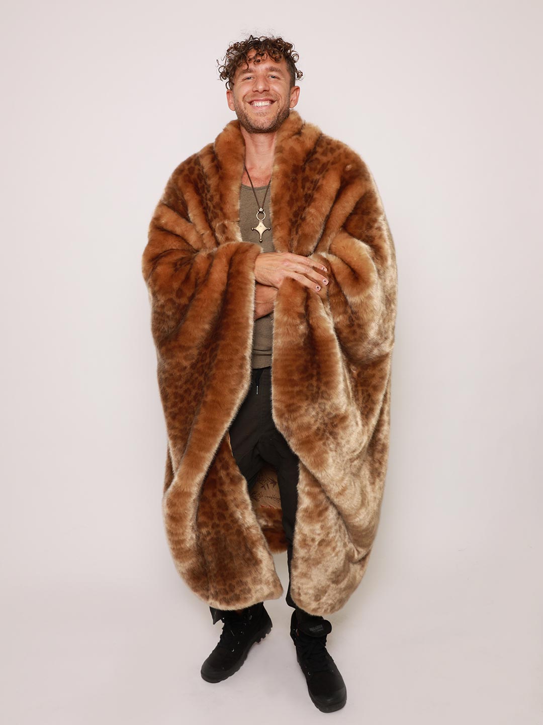 Man Wrapped in Luxe Faux Fur Throw in African Golden Cat Design