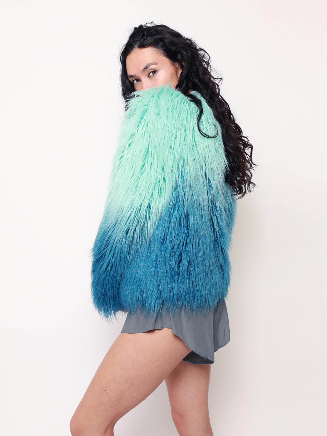 Sea Alpaca Faux Fur Bomber Jacket on Female Model