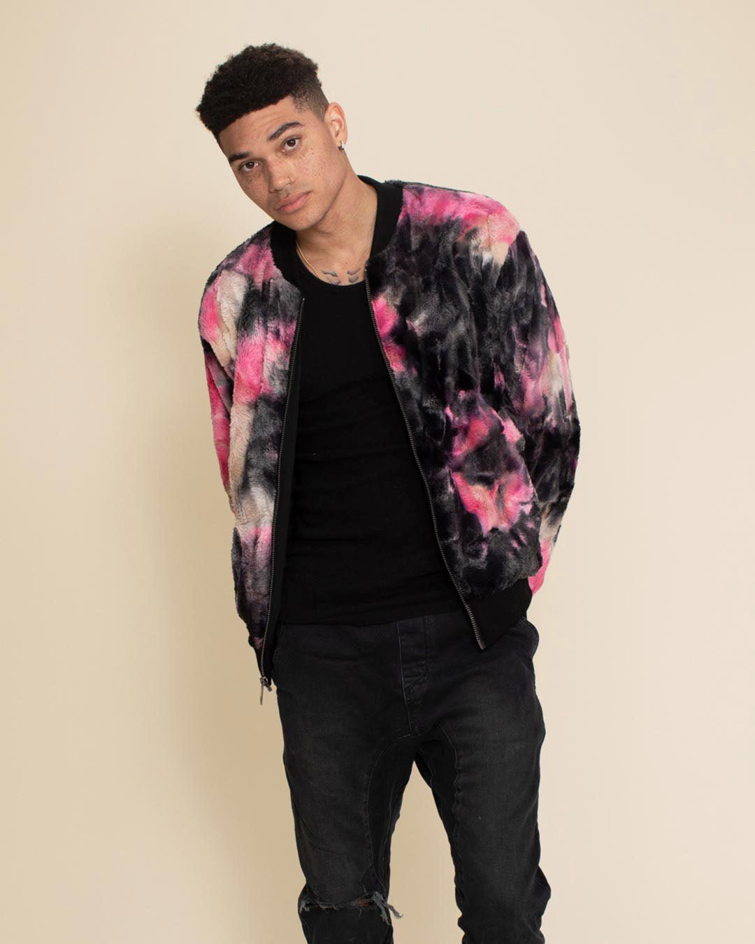 Men's Colorful Faux Fur Jacket | Ink Spotted Tie Dye Leopard