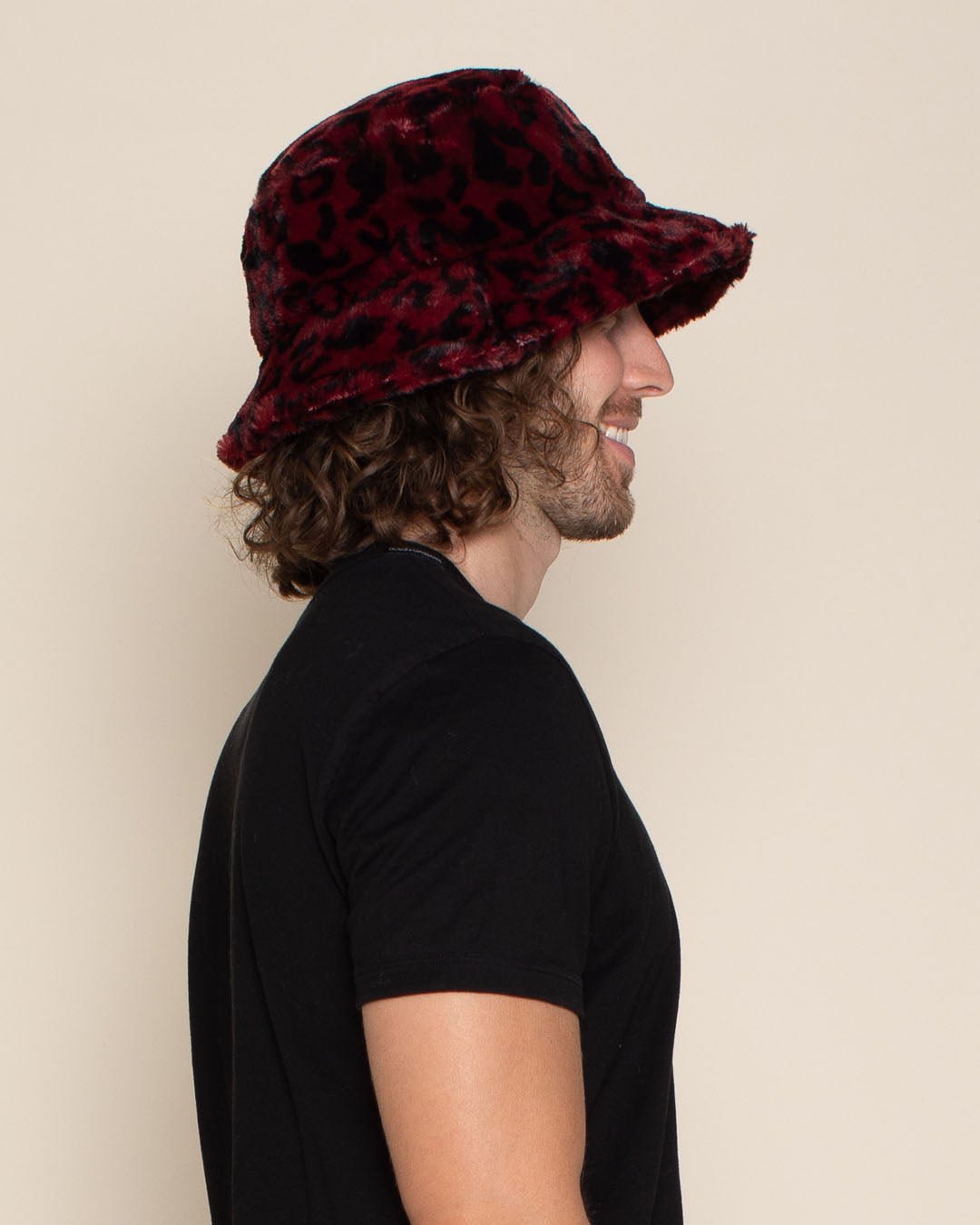 Men's Fur Bucket Hat | Red Burgundy Leopard