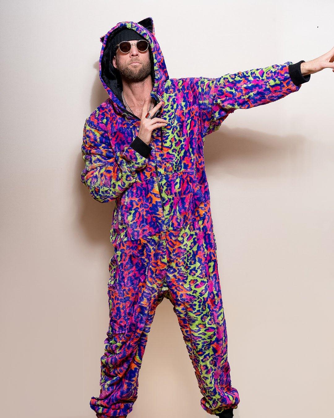 Neon Disco Cat Classic ULTRA SOFT Faux Fur Onesie Men s SpiritHoods