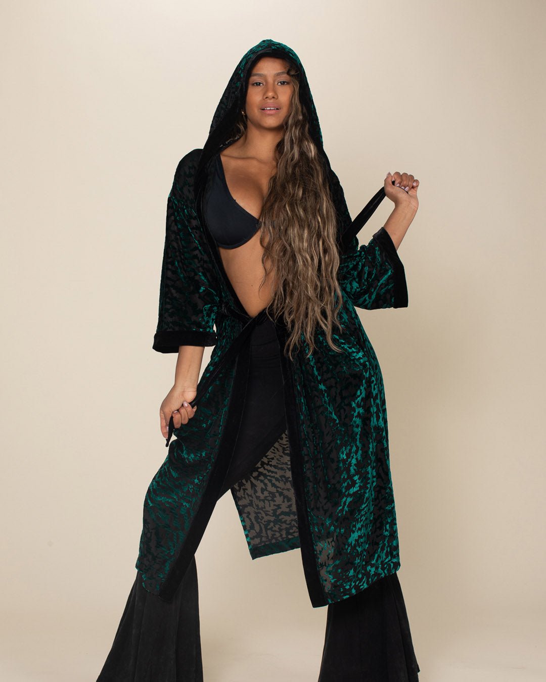 Women&#39;s Velvet Kimono | Emerald Green Tiger