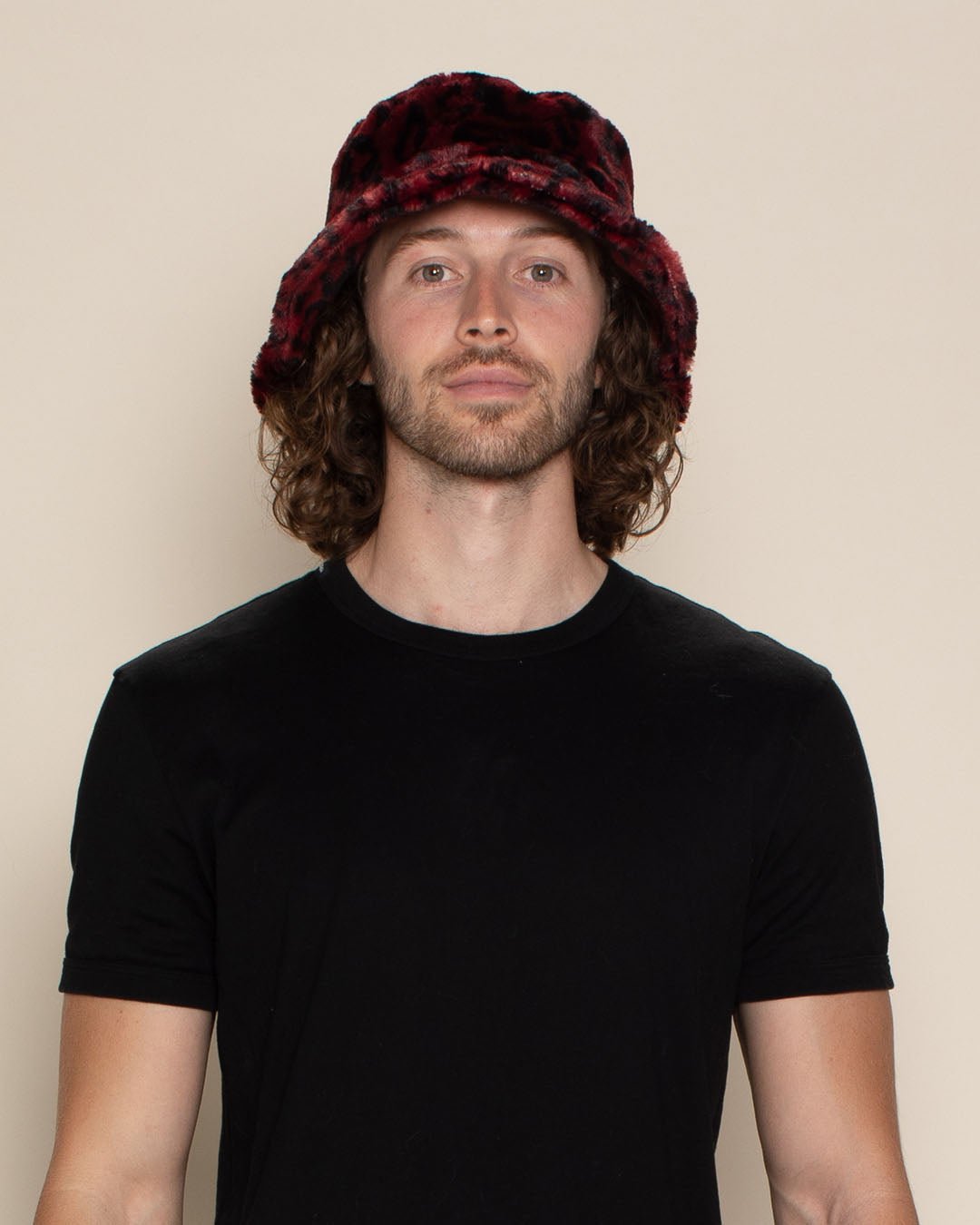 Men's Fur Bucket Hat | Red Burgundy Leopard