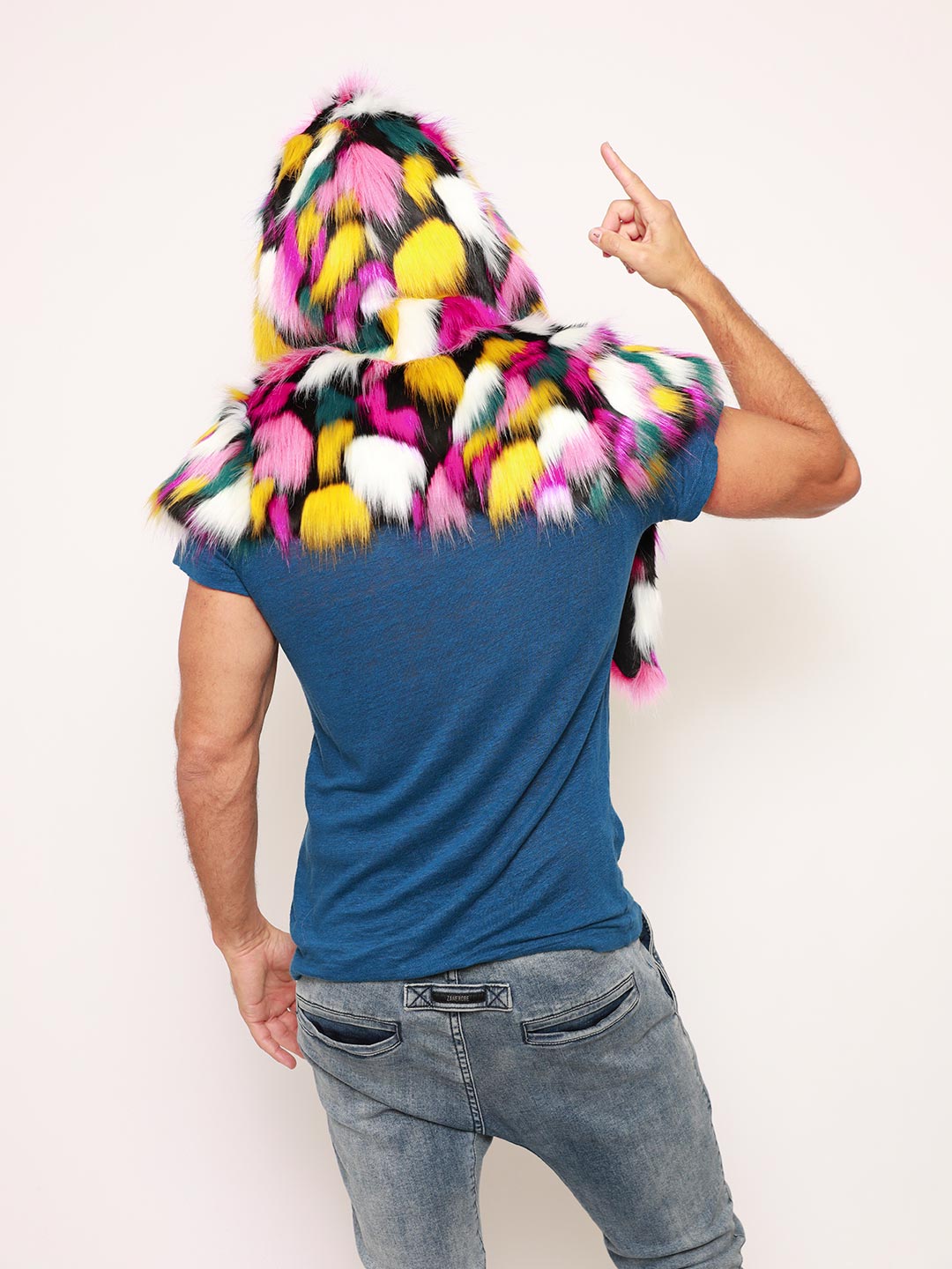 Man wearing Rainbow Butterfly Hooded Faux Fur Shawl, back view