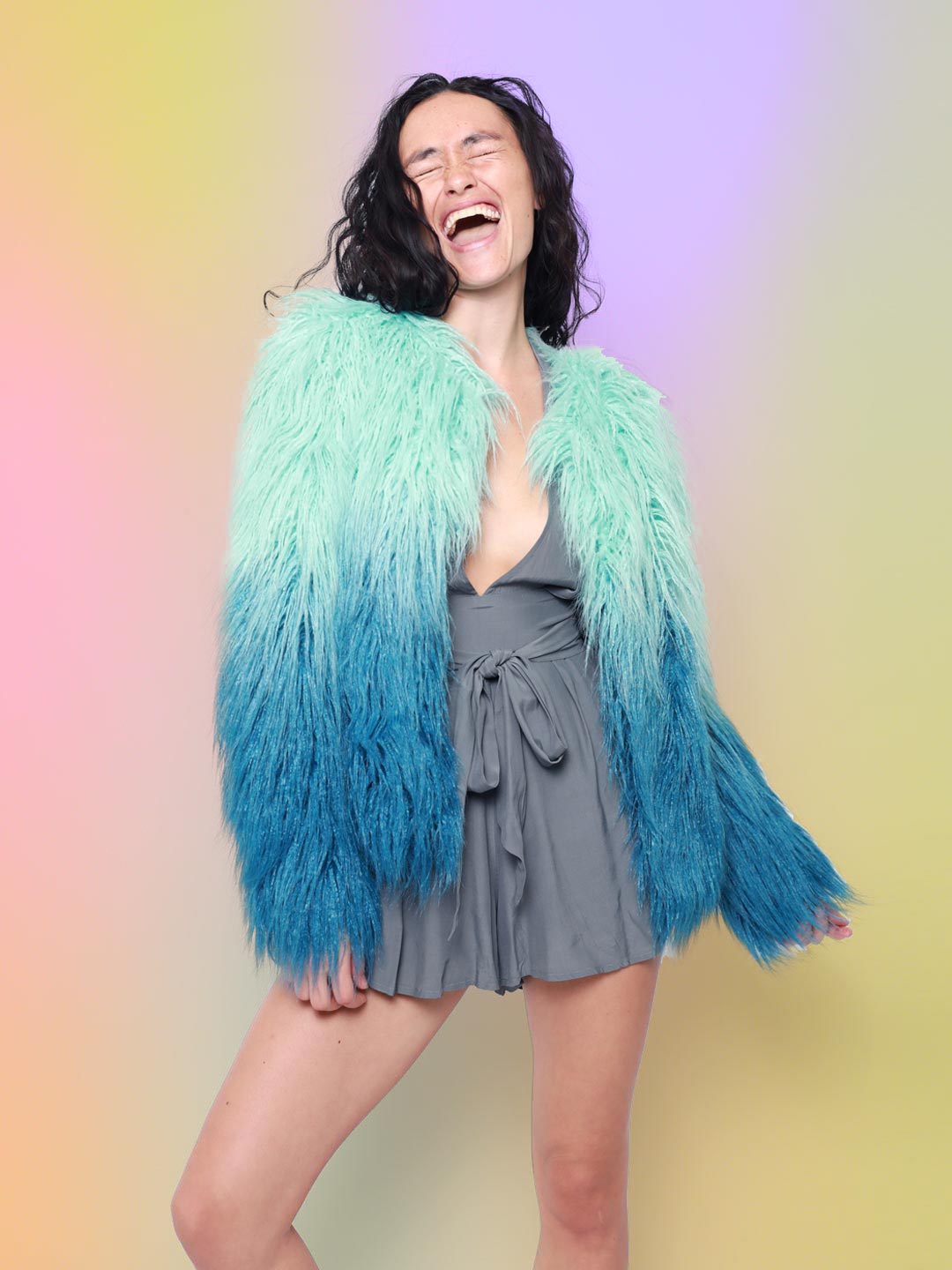 Female Wearing Sea Alpaca Faux Fur Bomber Jacket 