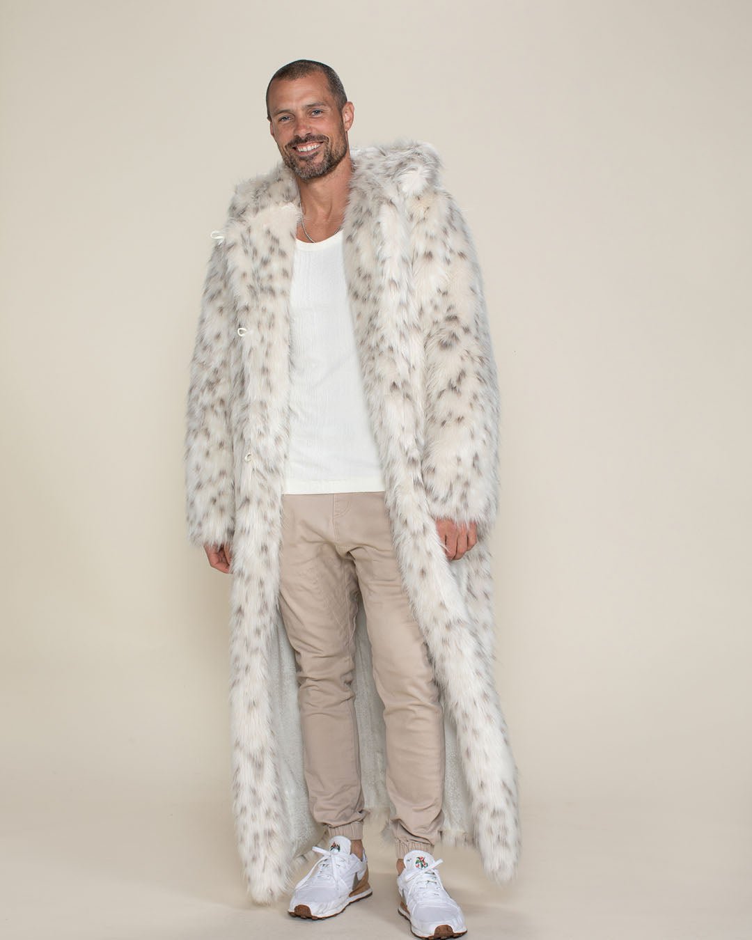 Men s Long Faux Fur Coat With Hood Baby Snow Leopard SpiritHoods