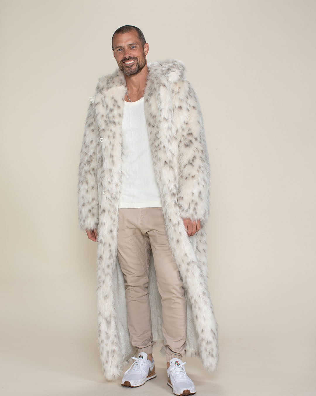 SpiritHoods Men's Snow Leopard Long Faux Fur Coat