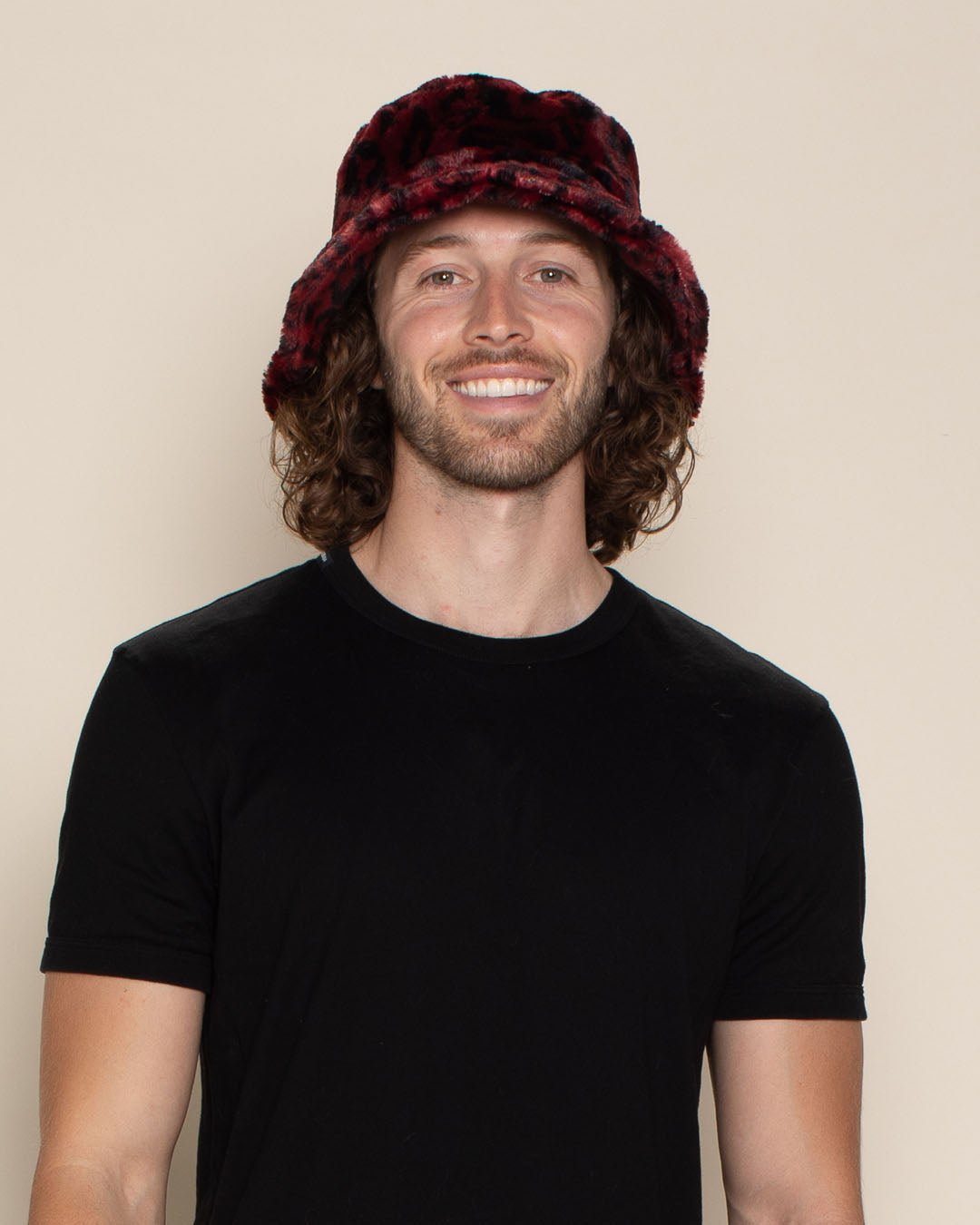 Men's Fur Bucket Hat | Red Burgundy Leopard