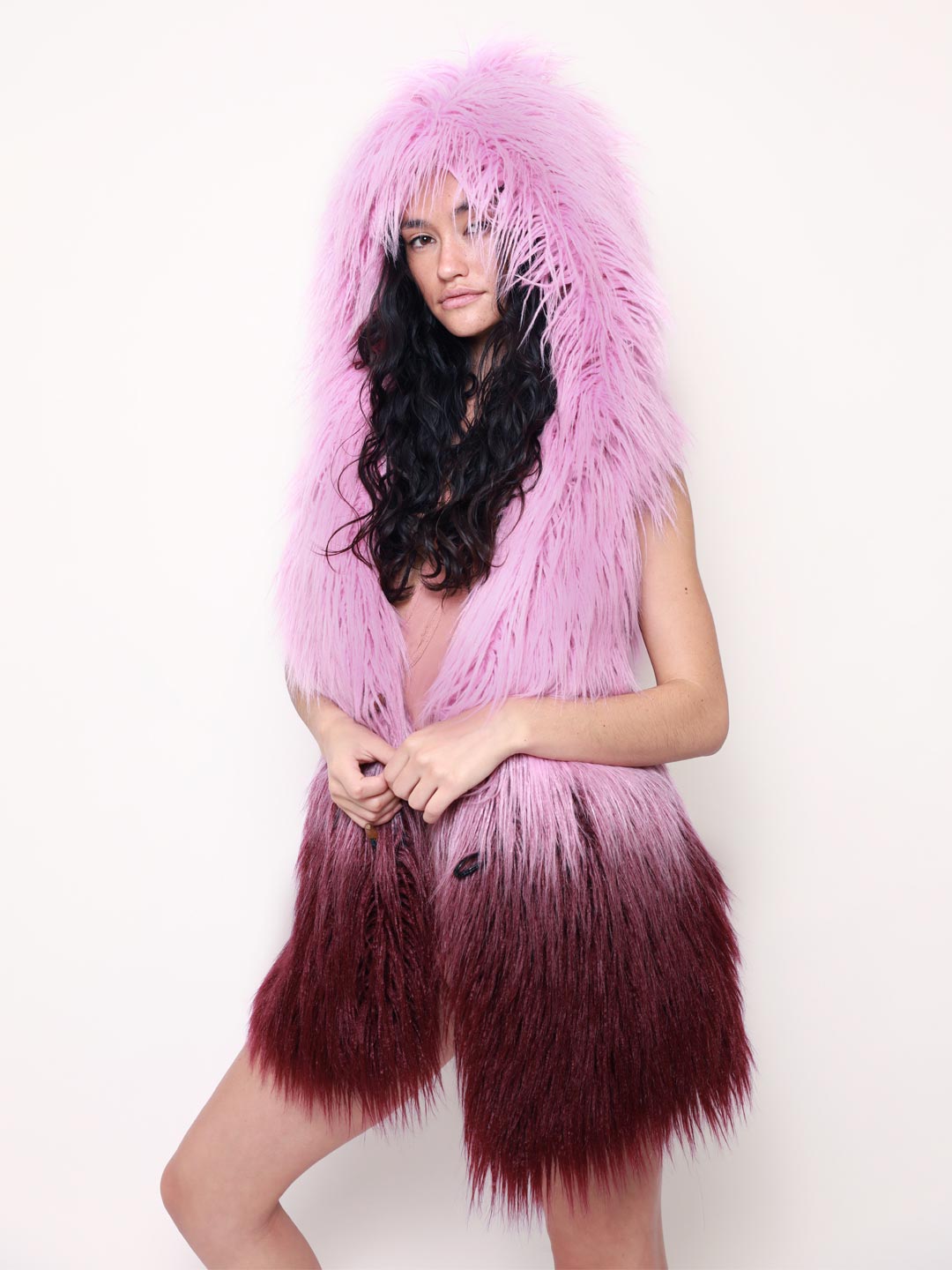 Woman Wearing Pink Ombre Alpaca Hooded Faux Fur Vest