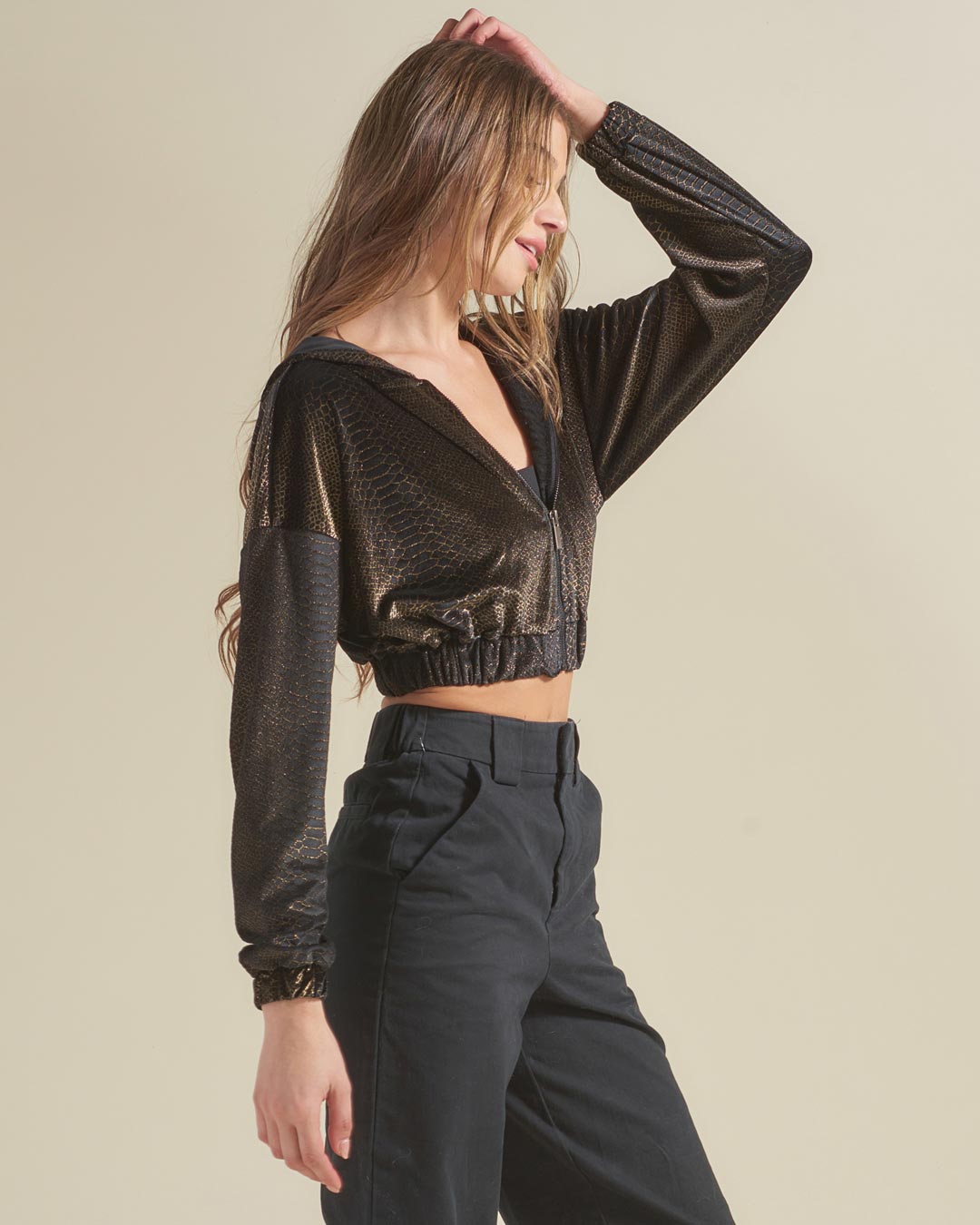 Black Snakeskin Hooded Velvet Cropped Jacket | Women's