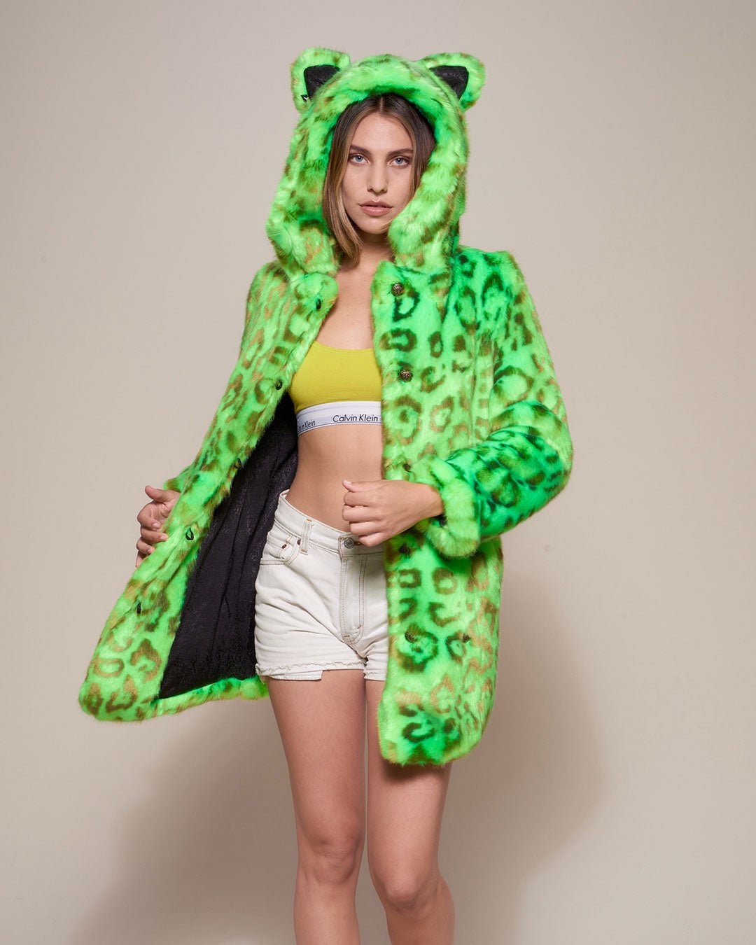 Woman wearing Neon Green Leopard Luxe Classic Faux Fur Coat