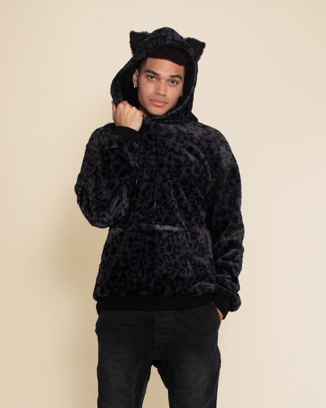 Classic Men's Fur Hoodie | Slate Black Leopard