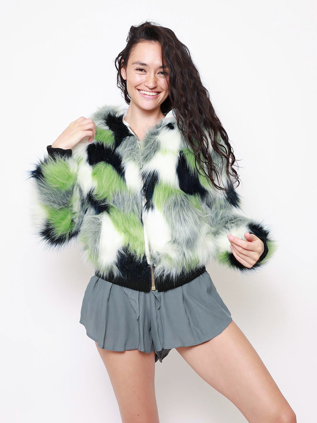 Green, Black, and White Emerald Hummingbird Hooded Faux Fur Bomber Jacket on Female