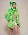 Woman wearing Neon Green Leopard Luxe Classic Faux Fur Coat, side view 2