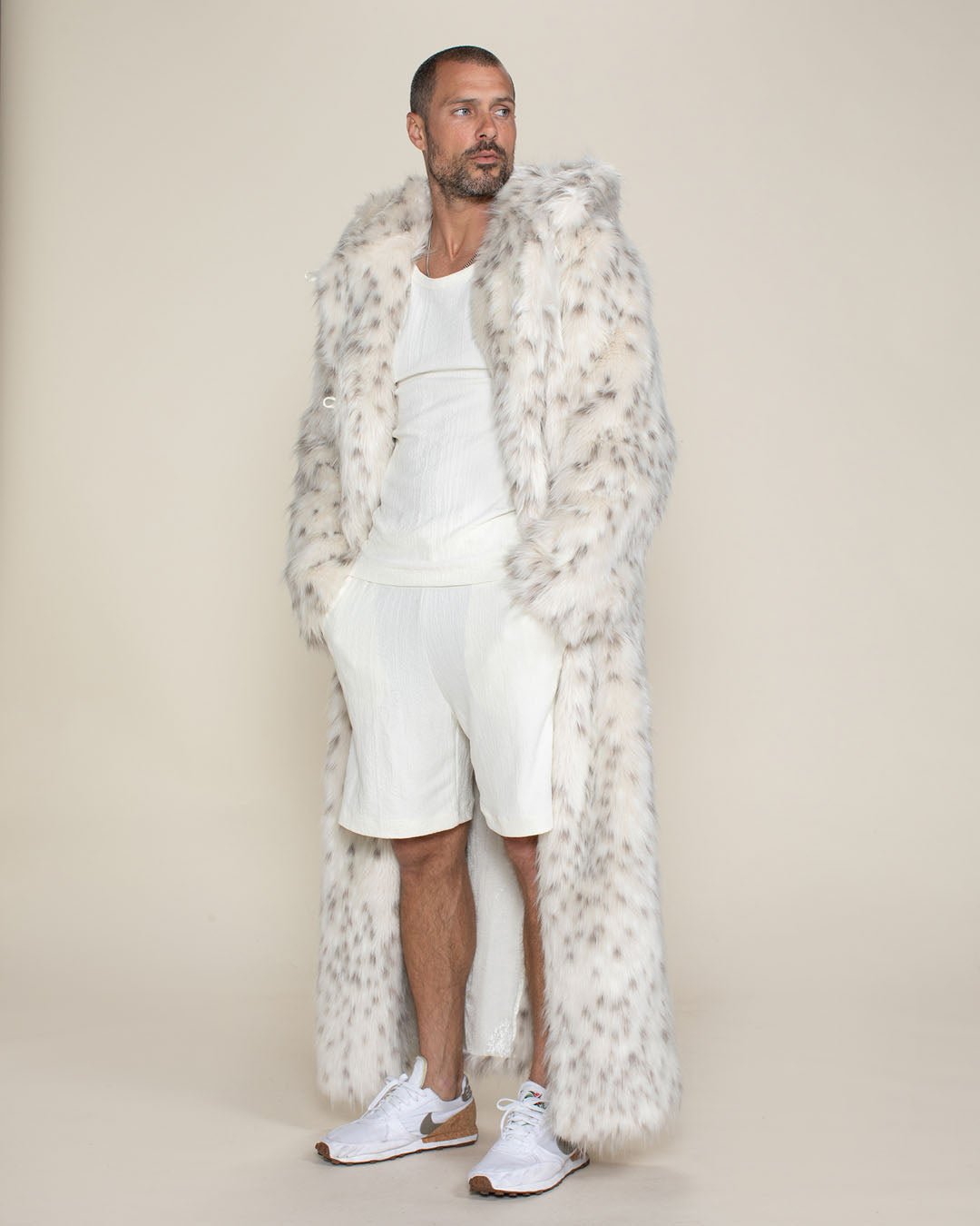 Men s Long Faux Fur Coat With Hood Baby Snow Leopard SpiritHoods