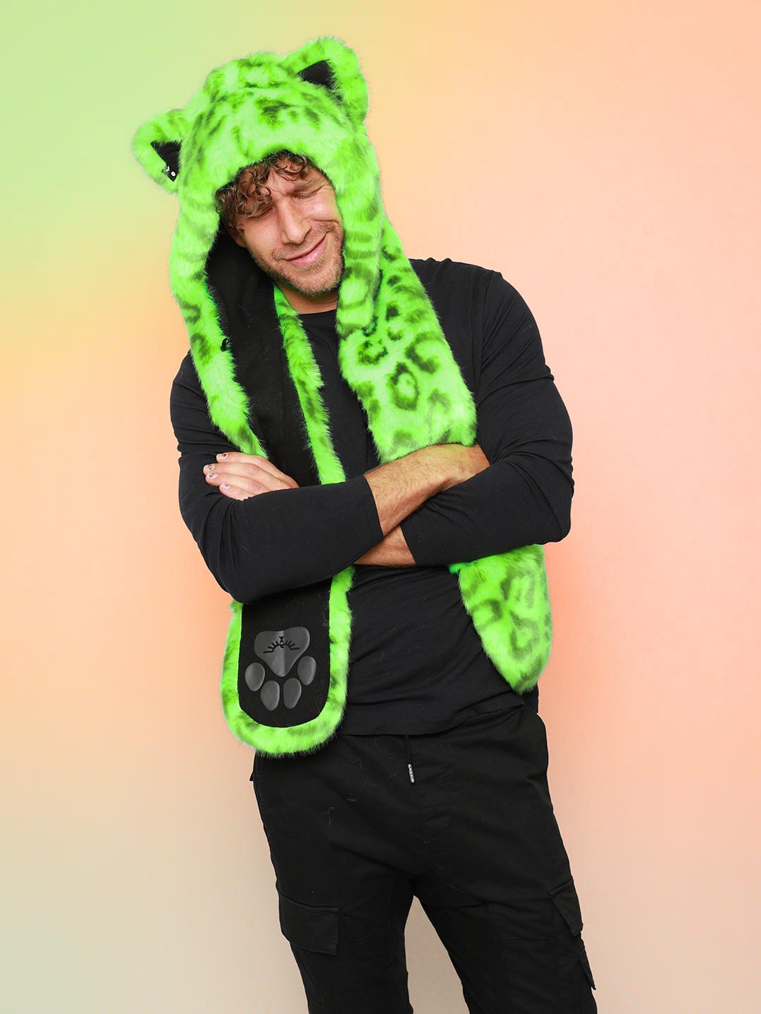 Man wearing Neon Green Leopard Luxe Collector Edition Faux Fur Hood