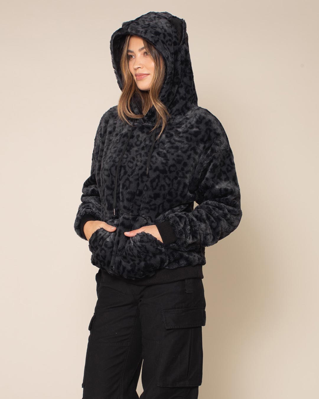 Classic Women's Fur Hoodie | Slate Black Leopard