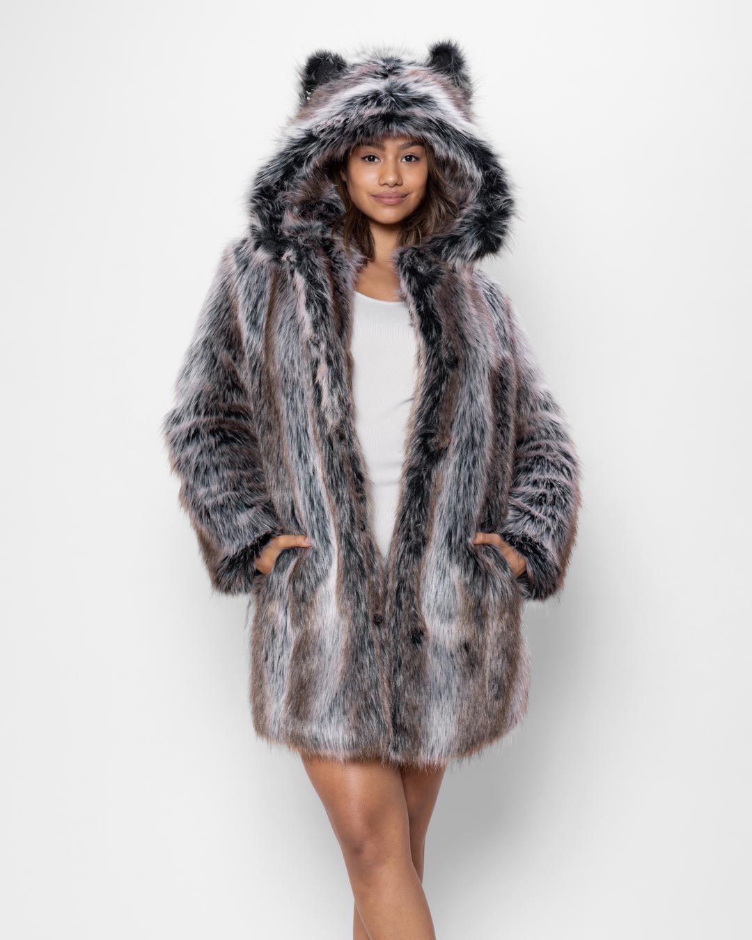 Gray shops coat with fur hood