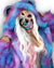 Blonde female model with Halloween skull makeup in pink and blue to match her Cotton Candy faux fur jacket.