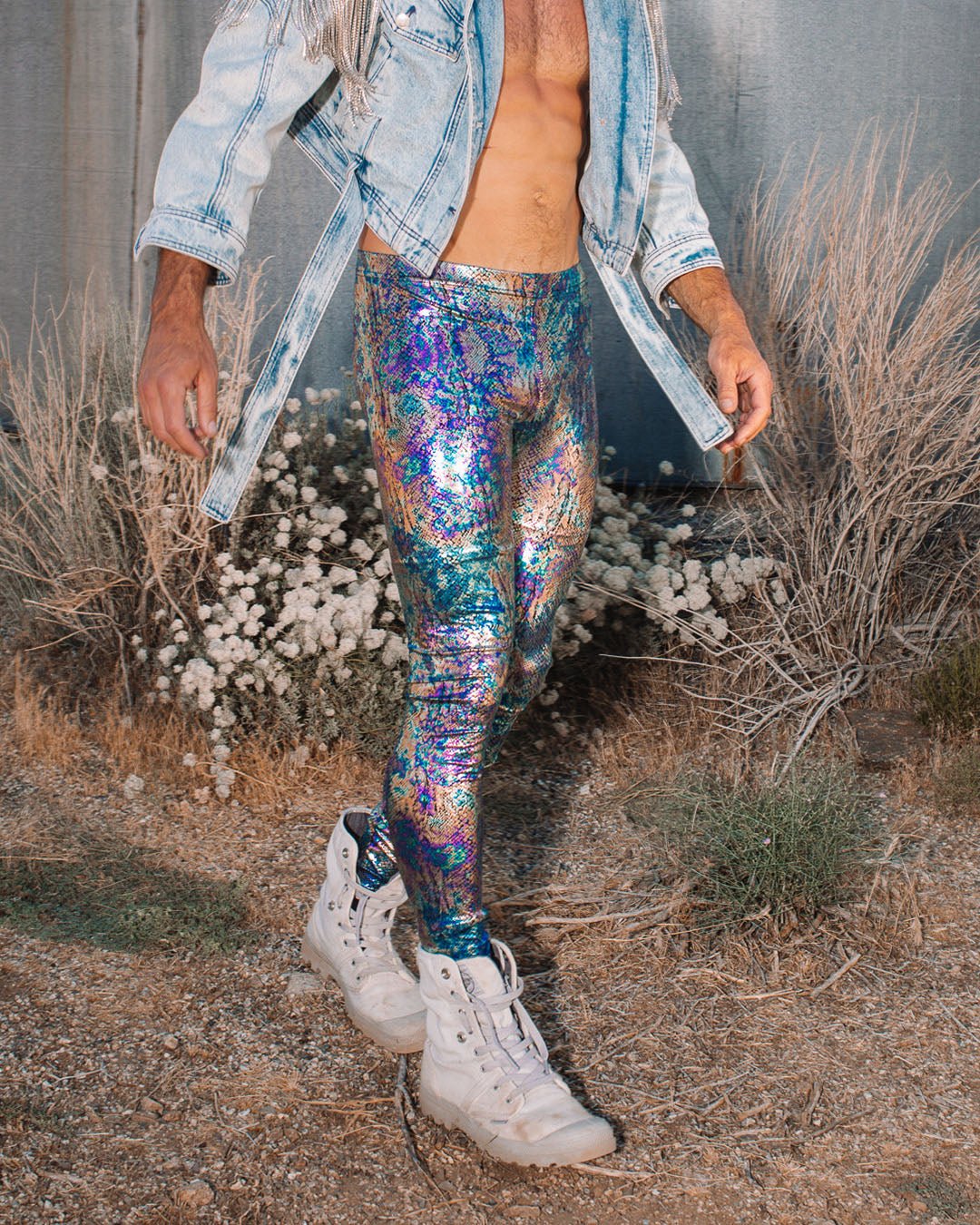 Spirit-Hoods-Festival-Holographic-Rainbow-Snakeskin-Foil-Leggings-for-Men