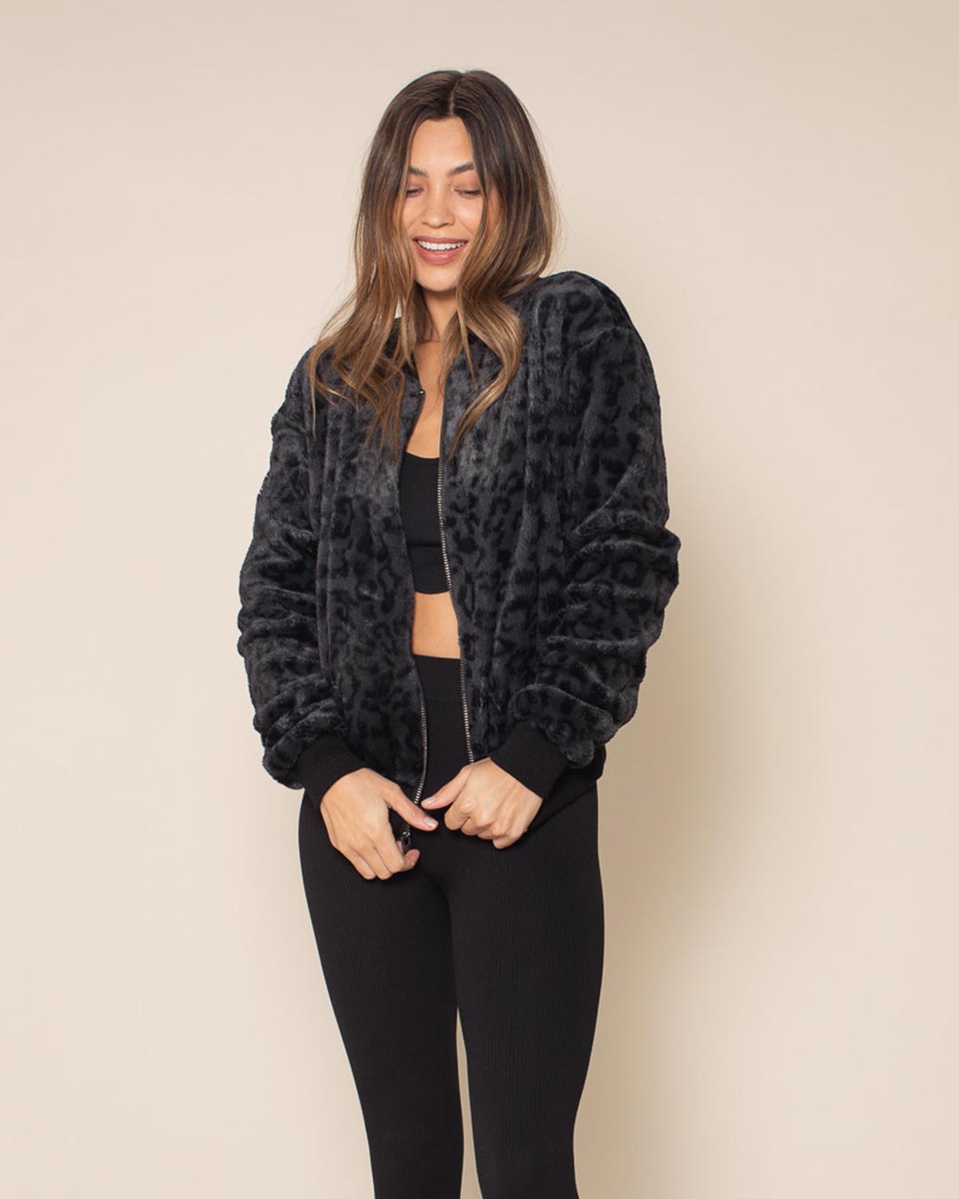 Slate Leopard ULTRA SOFT Faux Fur Bomber Jacket | Women's