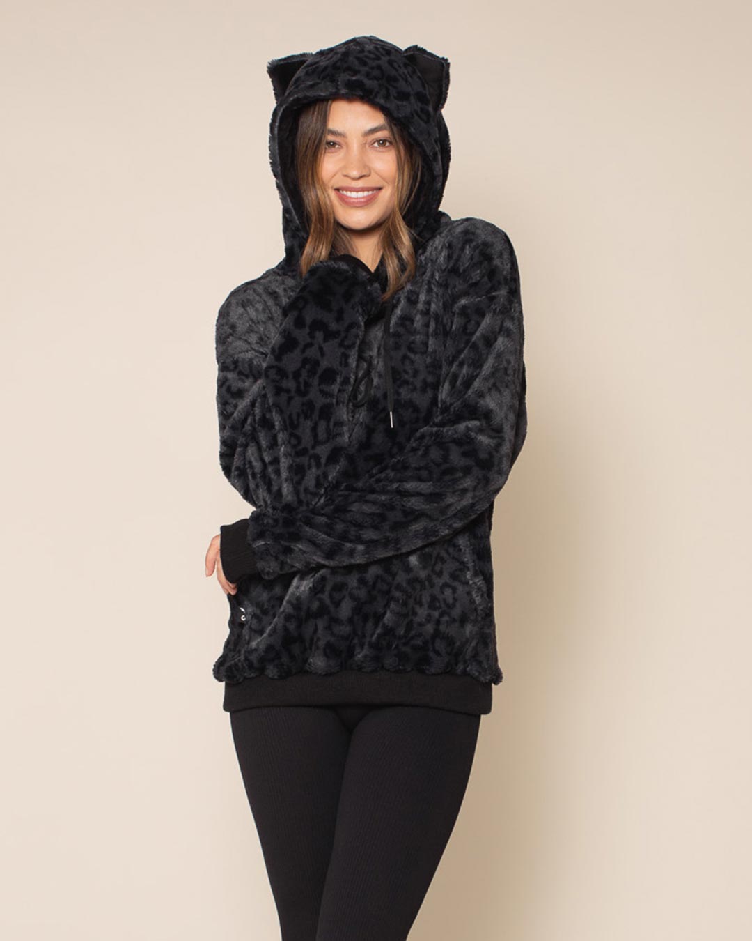 Classic Women&#39;s Fur Hoodie | Slate Black Leopard