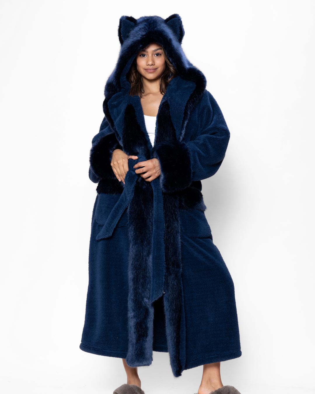 Spirithoods Luxury Robe for Women Blue Faux Fur Bathrobe Indigo Wolf M navy blue indigo