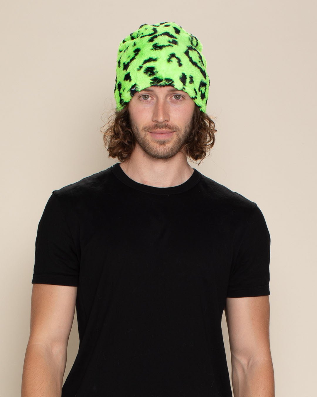 Neon Green Leopard Faux Fur Beanie | Men's