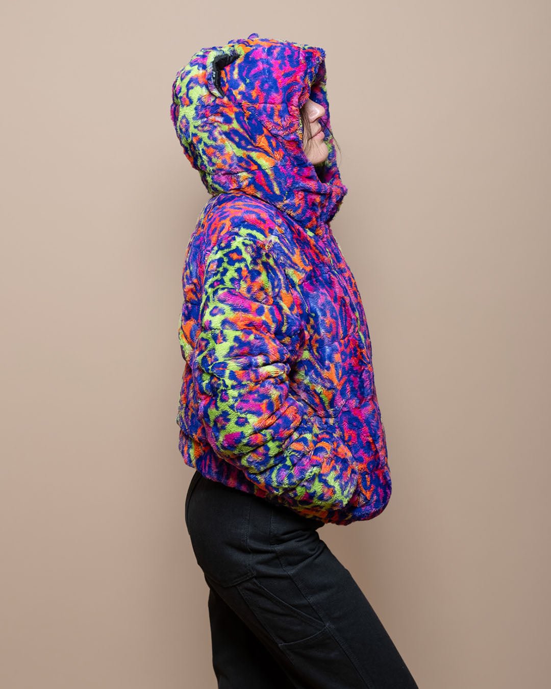 Classic Women&#39;s Hooded Puffer Jacket | Neon Disco Kitty